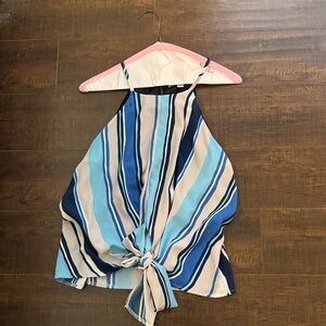 She and Sky Blue and Cream Striped Tie-Front Blouse